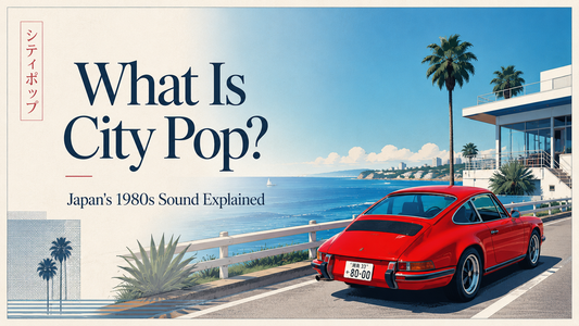 Red classic car on a seaside road with blue ocean, palm trees, and city pop title