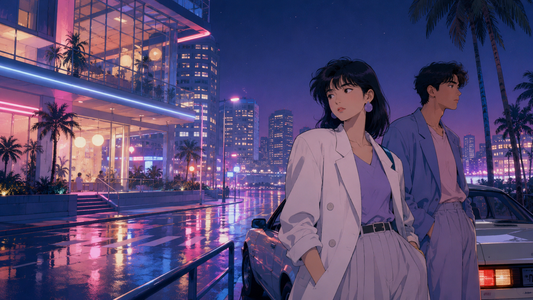 An illustration in the style of 1980s city pop. Against a backdrop of a neon-lit nighttime cityscape, a man and a woman stand next to a car