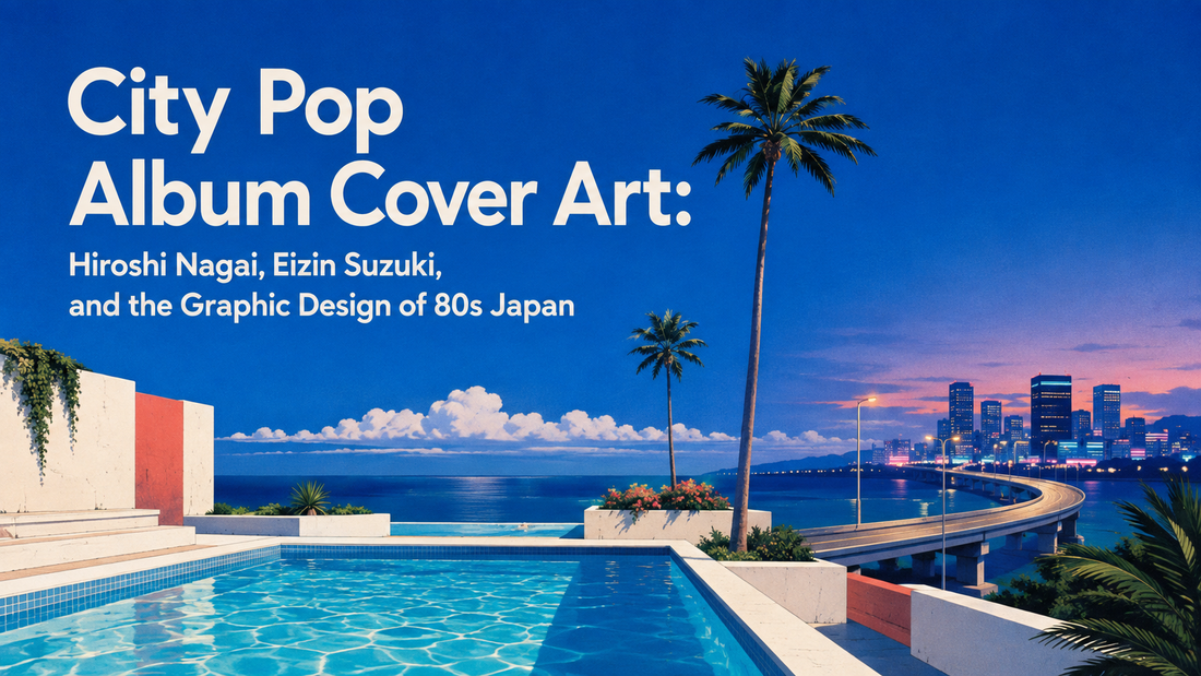 An illustration emblematic of 1980s Japanese city pop graphics. A scene featuring a blue pool and palm trees, with a cluster of skyscrapers and a highway stretching out across the ocean at dusk