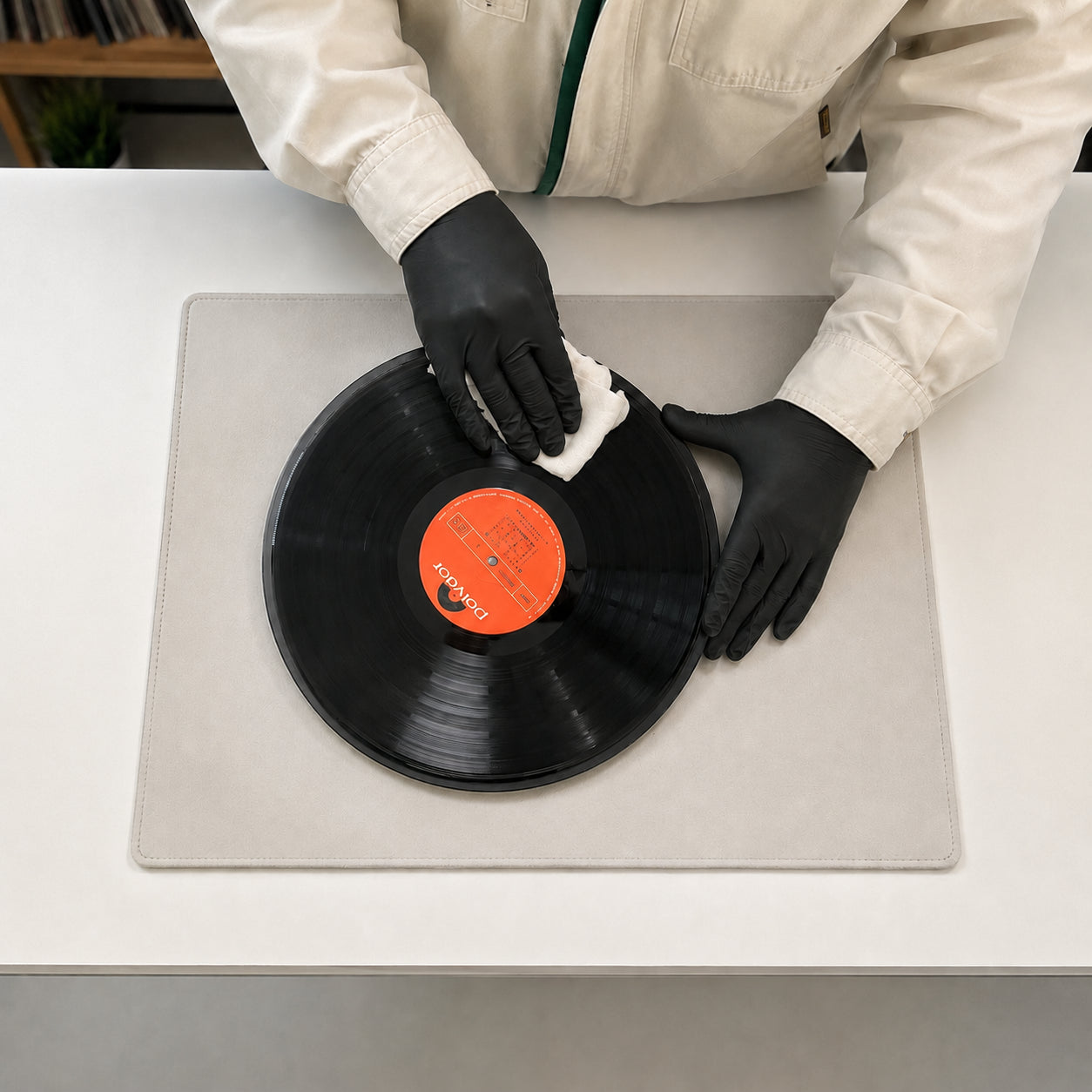 Photograph showing professional curation and inspection of Japanese used vinyl records